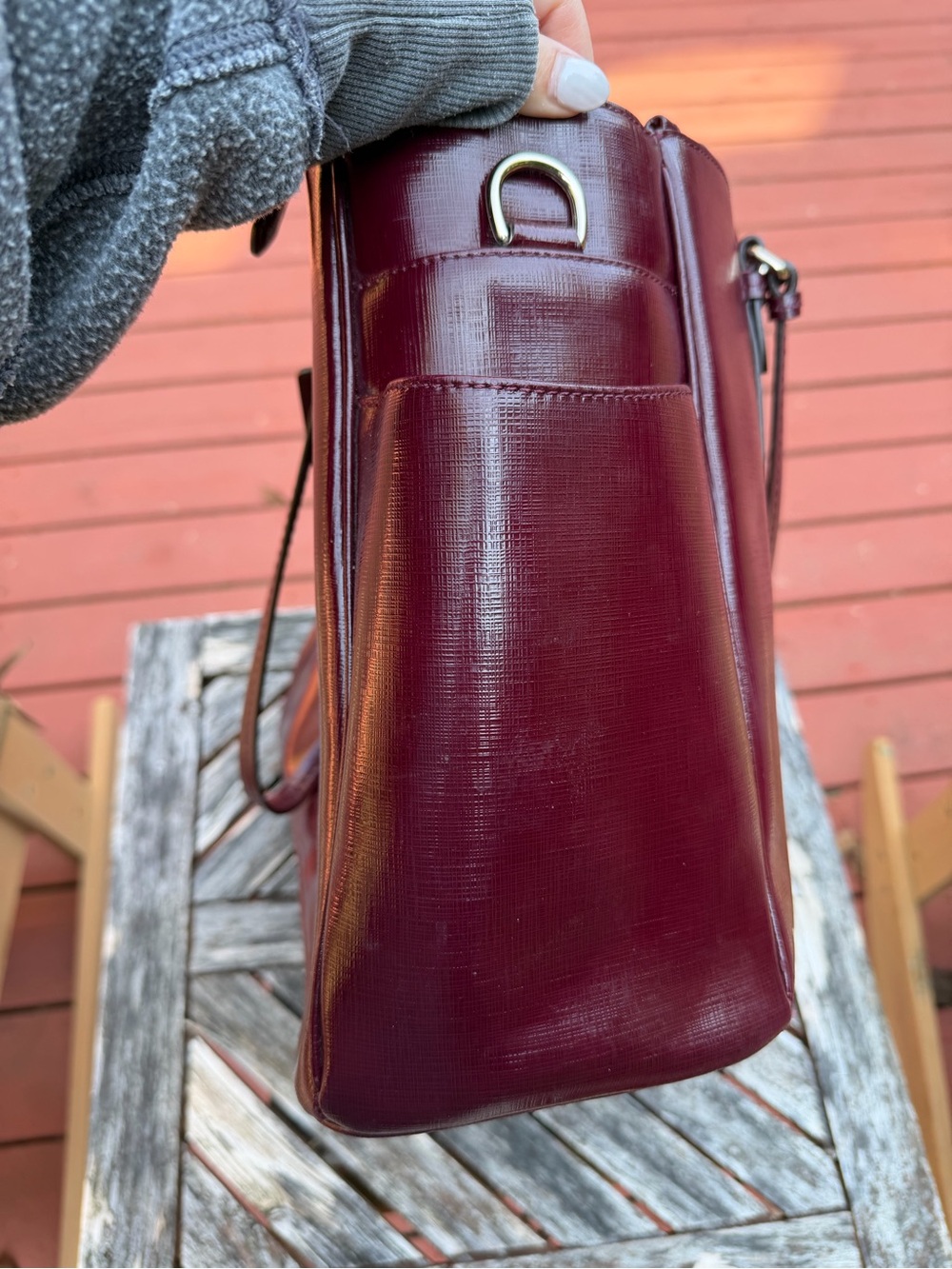Coach Saffiano Patent Leather Triple Compartment Carryall Tote- Burgundy Merlot - Picture 11 of 16